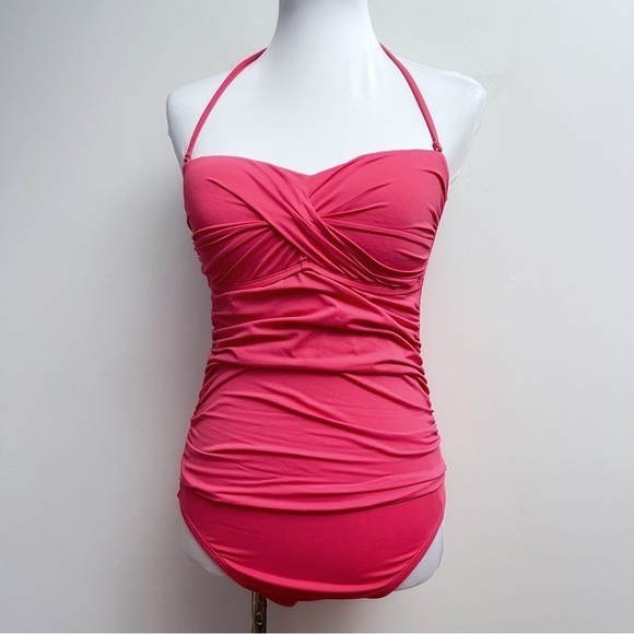 Liz Claiborne Coral Ruched Twist Top Halter One Piece Swimsuit Size 10 - Picture 1 of 10